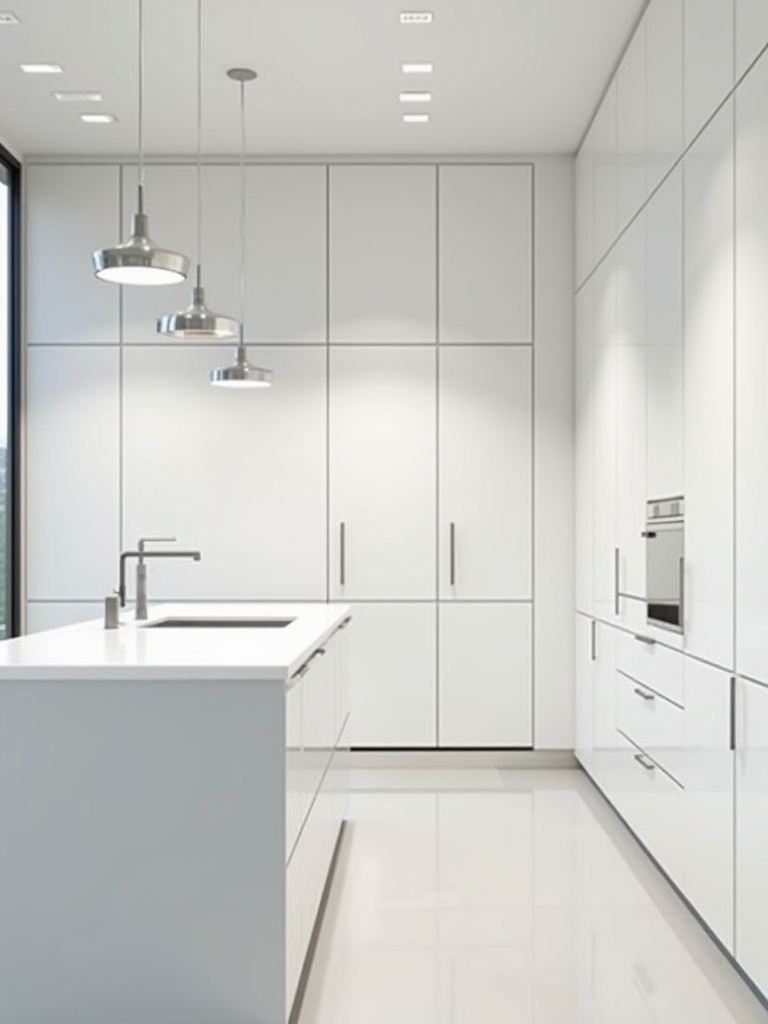 Minimalist kitchen with sleek white flat-panel cabinets and handleless design.