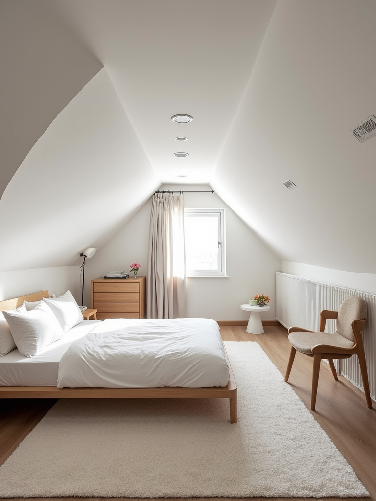 Modern minimalist attic bedroom featuring clean lines, simple furniture, and a neutral color palette, creating an uncluttered and serene space.