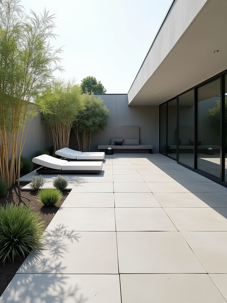 Minimalist modern patio with large concrete pavers, sleek furniture, architectural landscaping, and bright daylight.