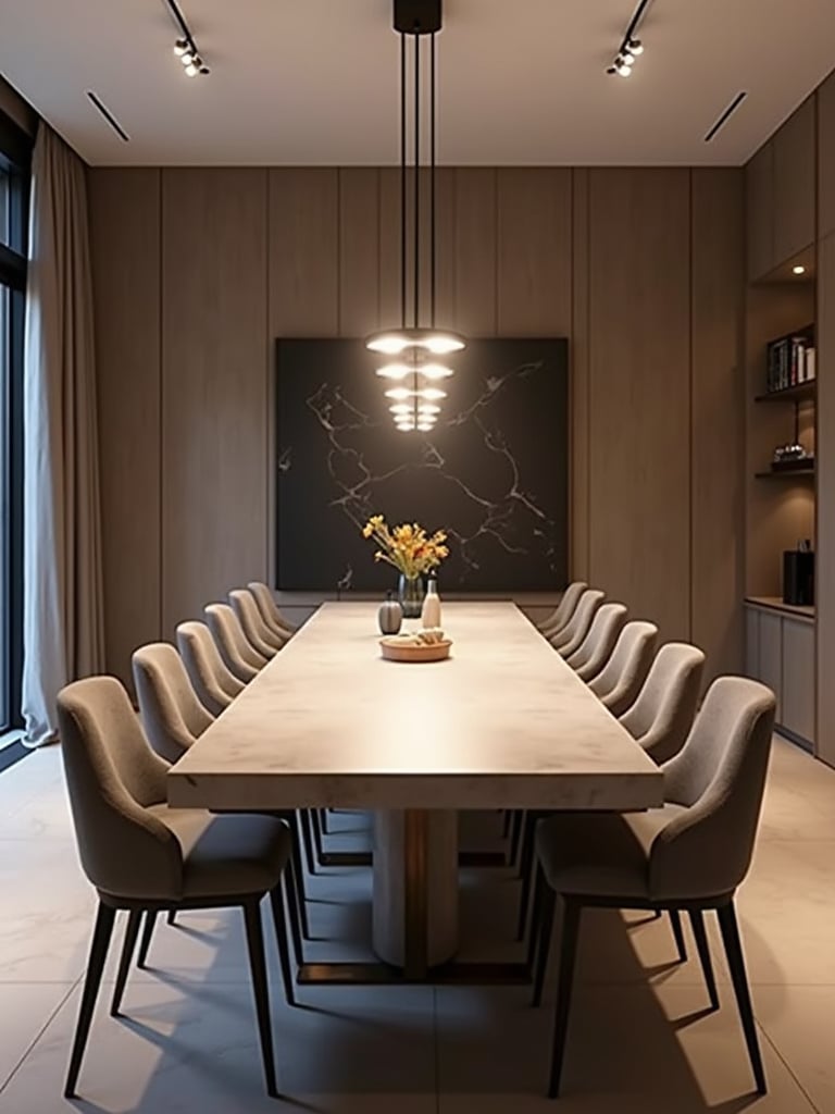 Sleek linear chandelier perfectly centered above a long modern dining table.
