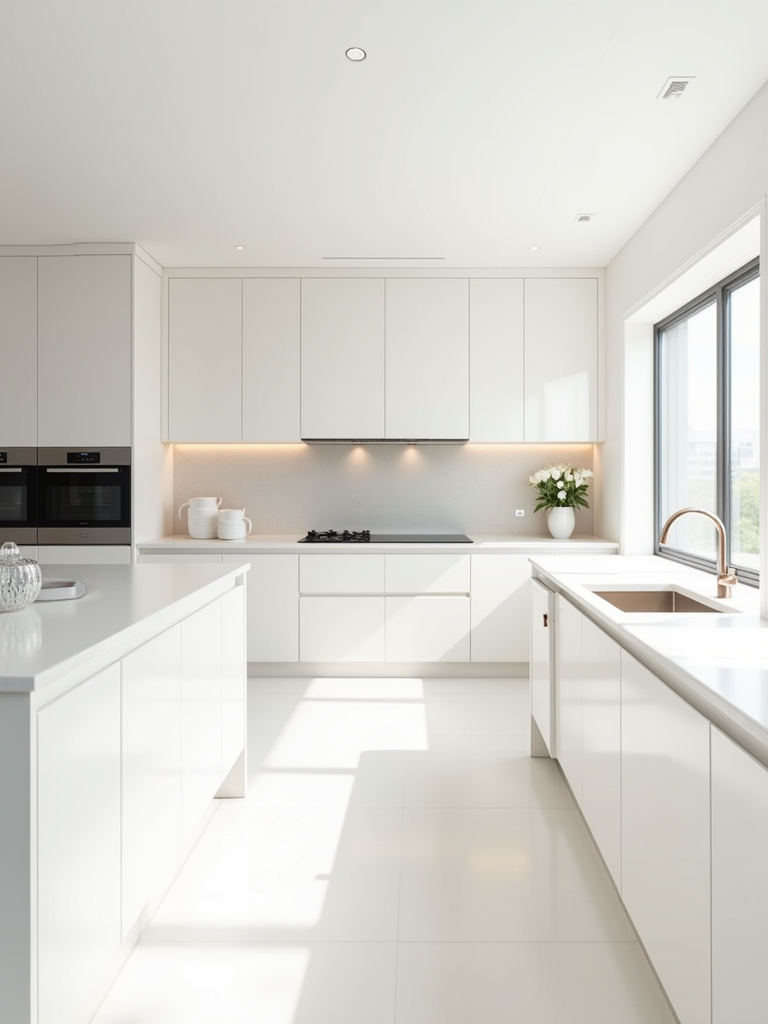 A luxurious and serene all-white kitchen featuring various shades and textures of white and subtle metallic accents.