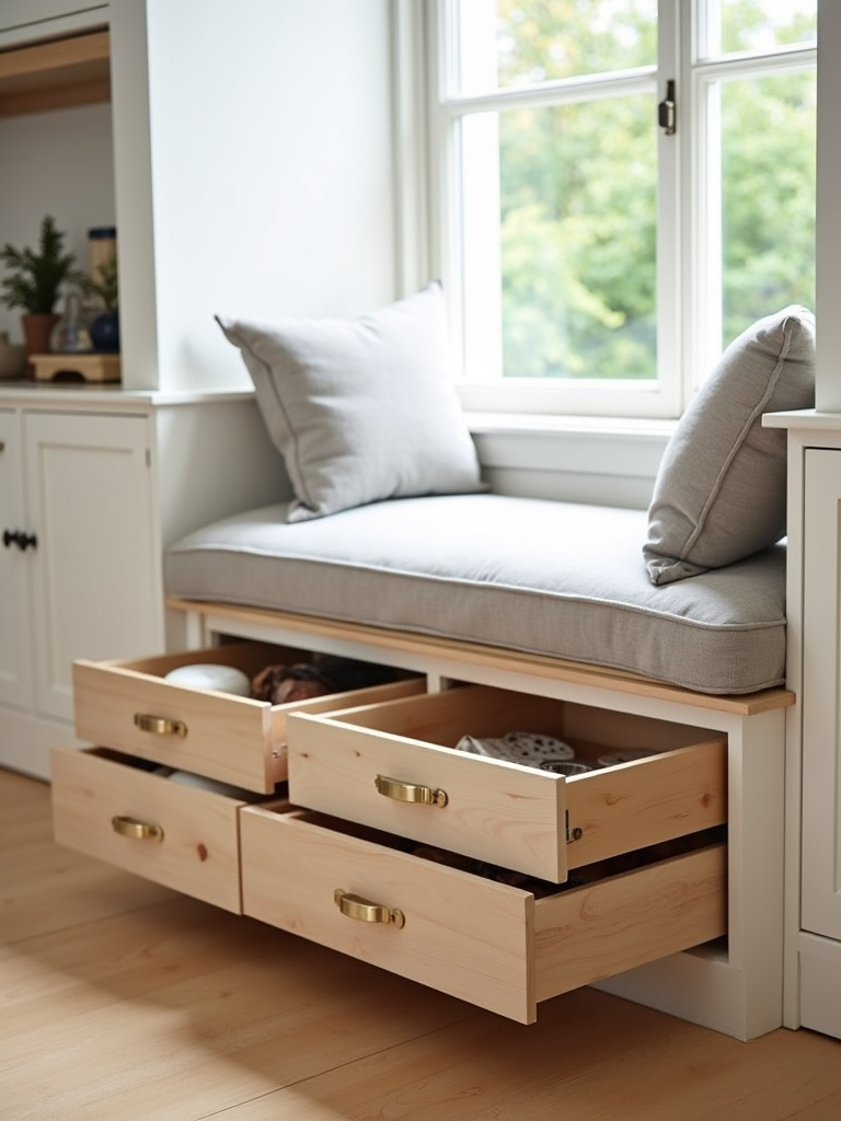 Multi-functional kitchen bench with built-in storage drawers, combining seating and practical storage space in a kitchen nook.