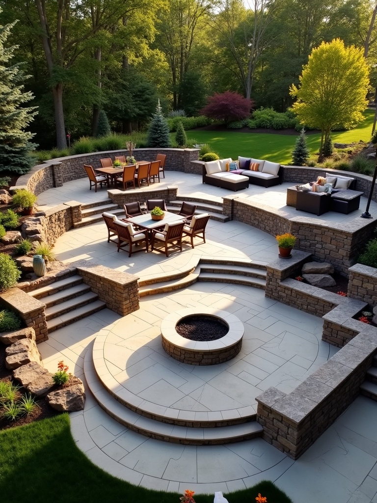 Multi-level patio with distinct zones for dining, lounging, and fire pit, stone retaining walls, pavers, wood decking, and warm afternoon sunlight.