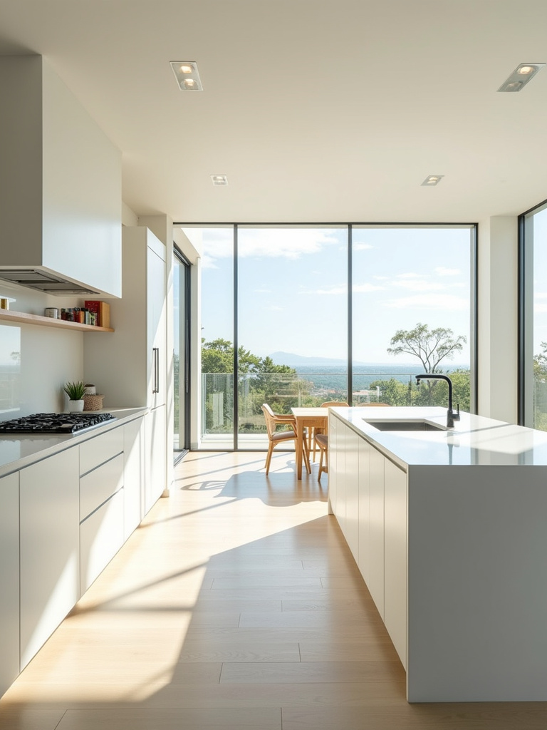 Kitchen flooded with natural light from large windows, creating a bright and airy space.