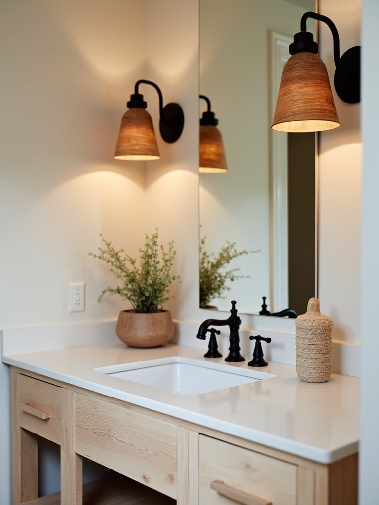Bathroom vanity illuminated by wood and metal sconces, combining natural warmth and industrial chic.