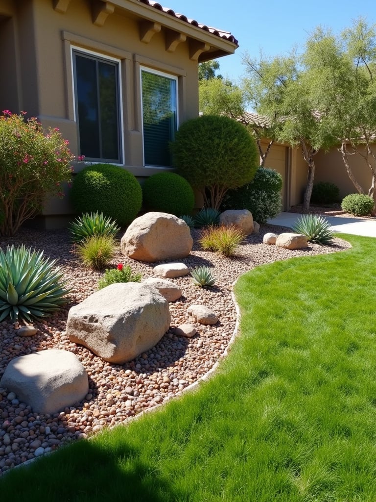 A rock garden accent integrated into a lawn with various sized rocks and drought-tolerant plants like succulents and sedums.