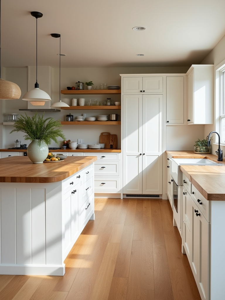 A warm and inviting white kitchen with natural wood accents in the island countertop, open shelving, and flooring.