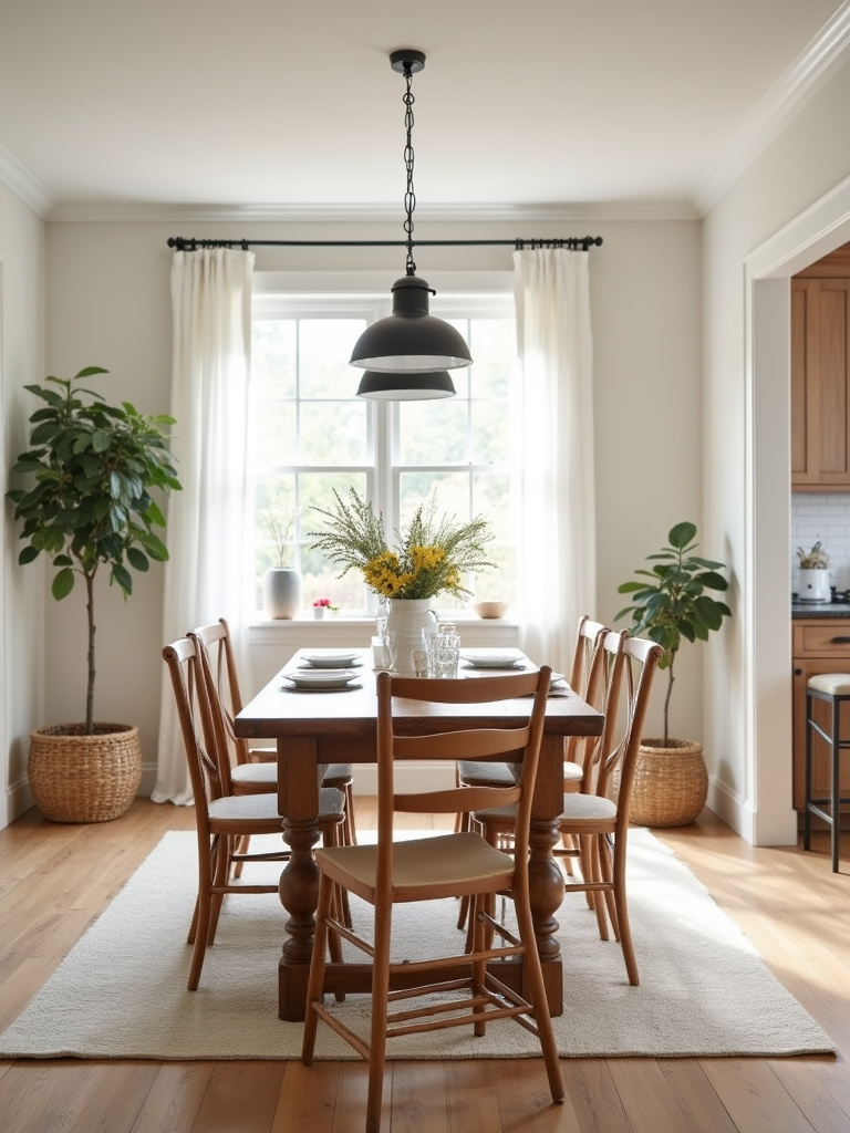 Farmhouse dining room featuring a neutral color palette with warm wood tones creating a welcoming atmosphere.