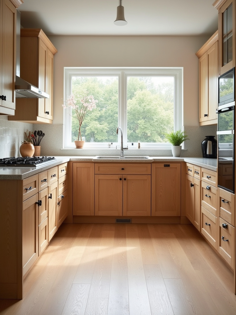 Updated traditional kitchen with light oak cabinets, modern hardware, and natural light.