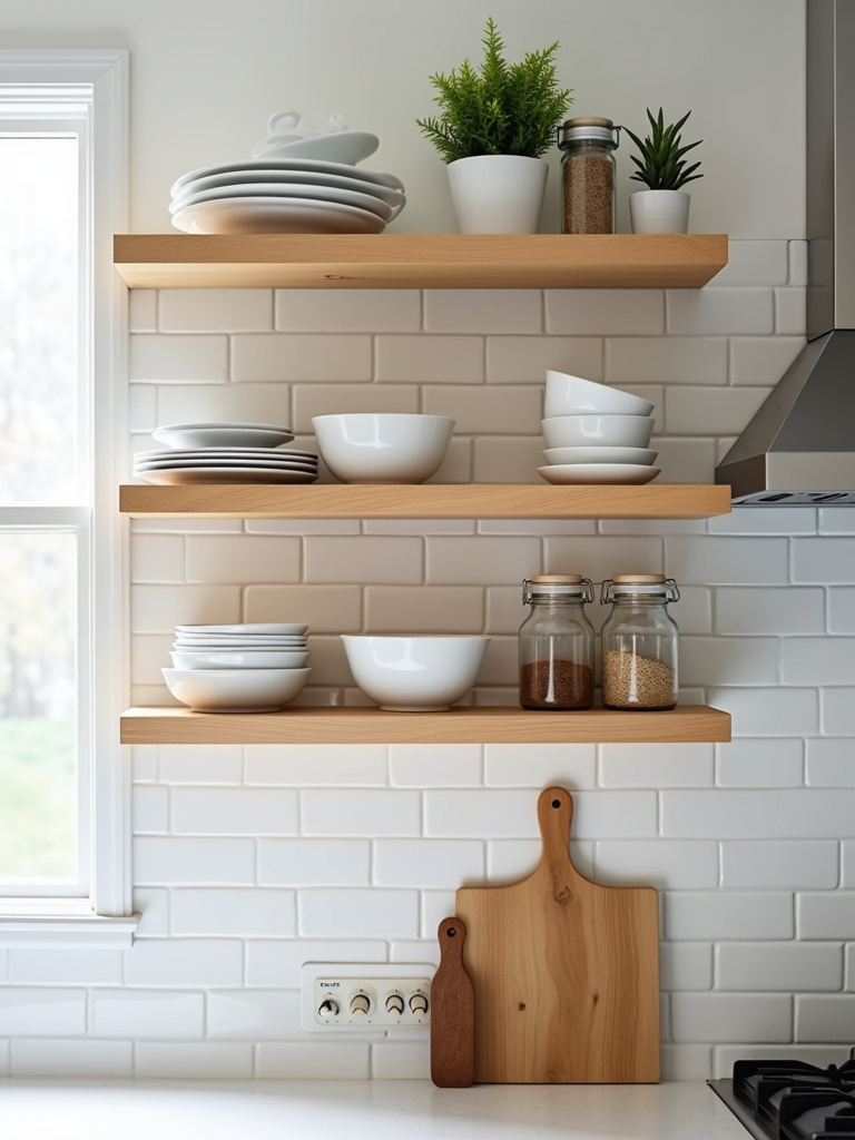 Modern kitchen with light wood open shelving displaying curated dishware and spices.