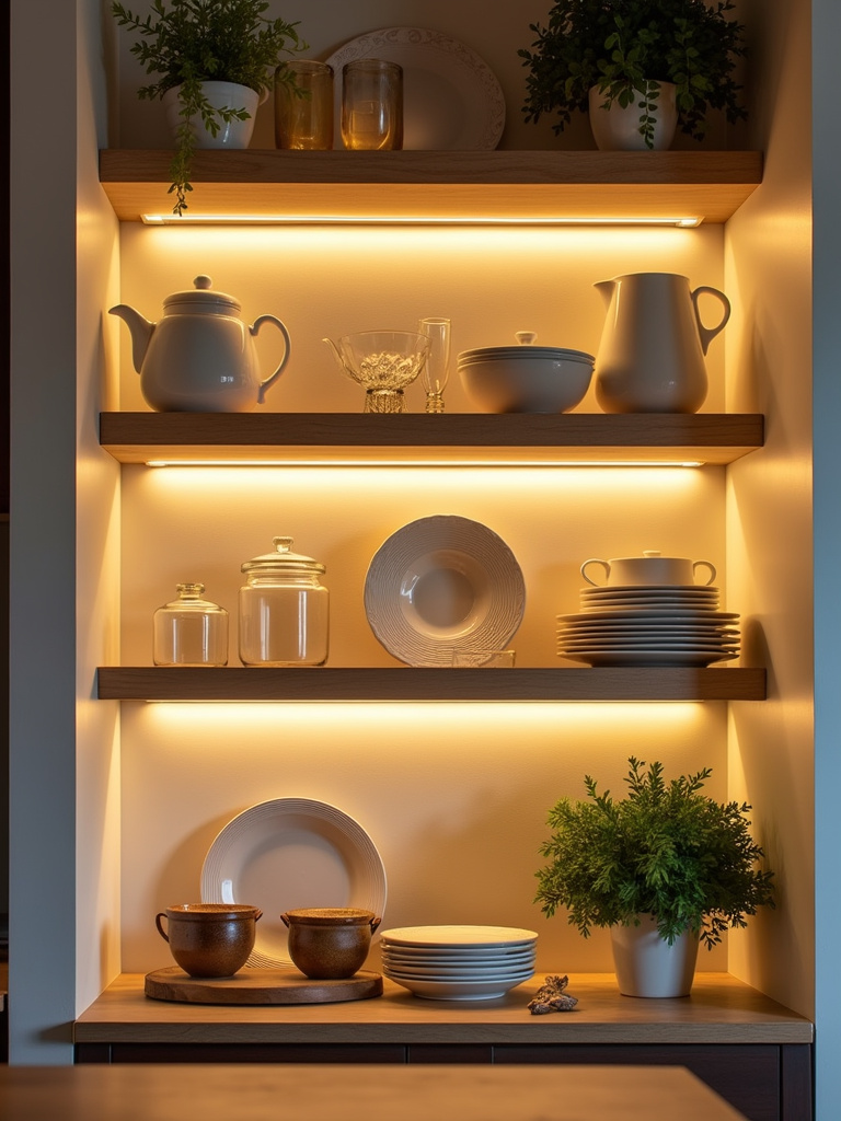 Warm white LED strip lights illuminating decorative items on open kitchen shelving.
