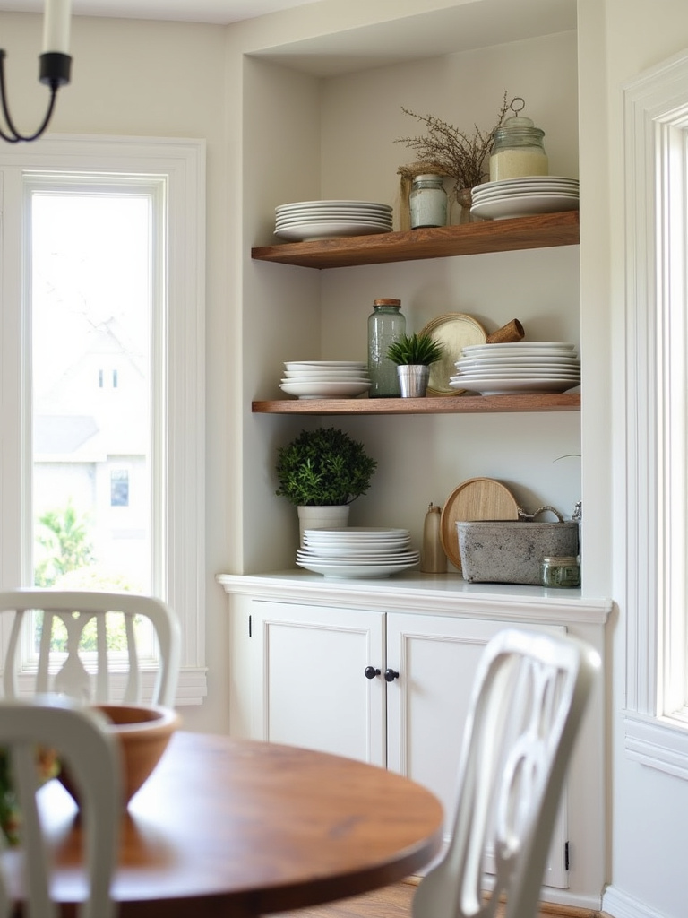 Farmhouse dining room with open shelving displaying curated farmhouse finds.