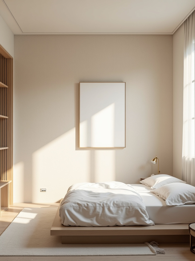 Minimalist bedroom with light beige grasscloth wallpaper, platform bed, and soft natural light.