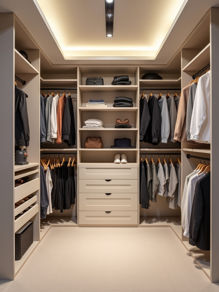 A brightly lit and meticulously organized modern minimalist walk-in closet optimized for shared use, featuring built-in shelving, drawers, double hanging rods, and color-coordinated clothing.