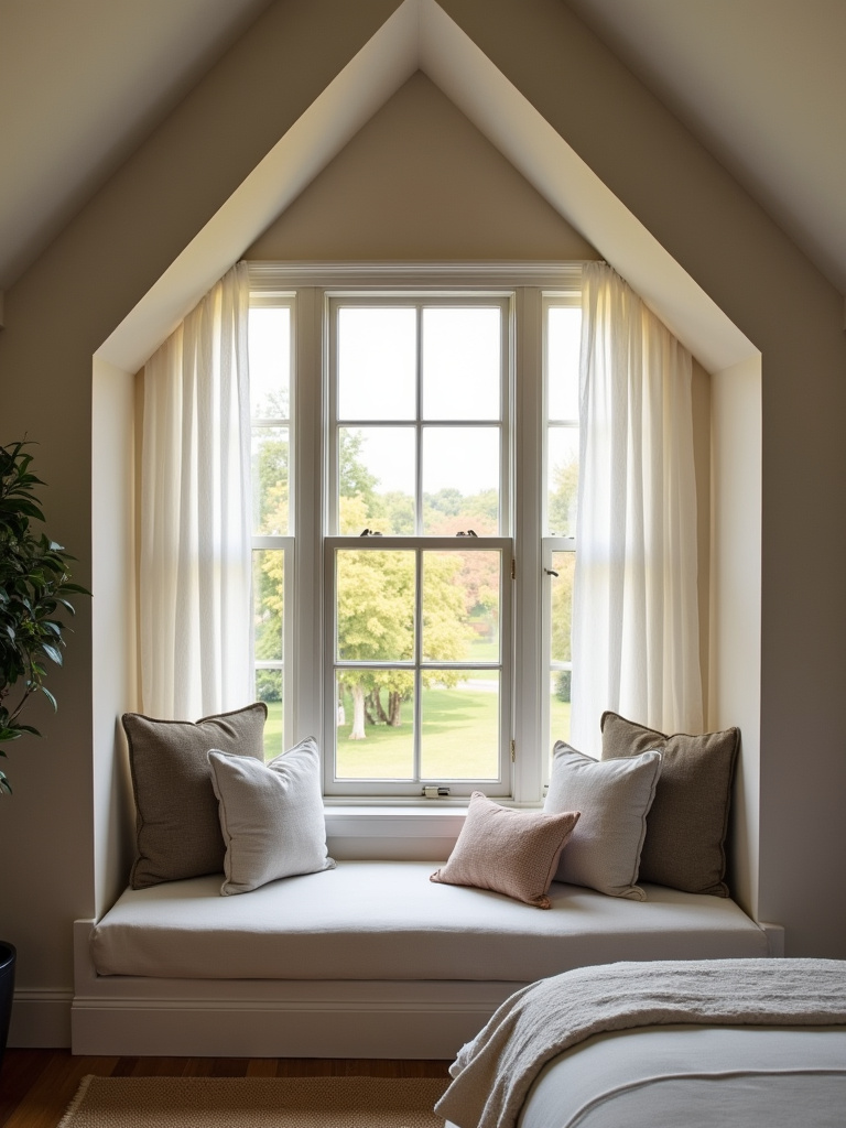 Charming attic bedroom featuring a dormer window with a cozy window seat, bathed in natural light and offering a pleasant view.