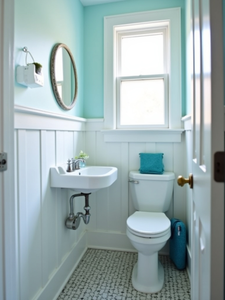 Small nautical style laundry bathroom with corner sink and compact fixtures.