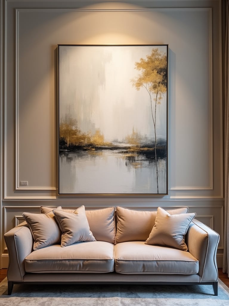 Large abstract oil painting in neutral tones and gold accents in a luxury living room.