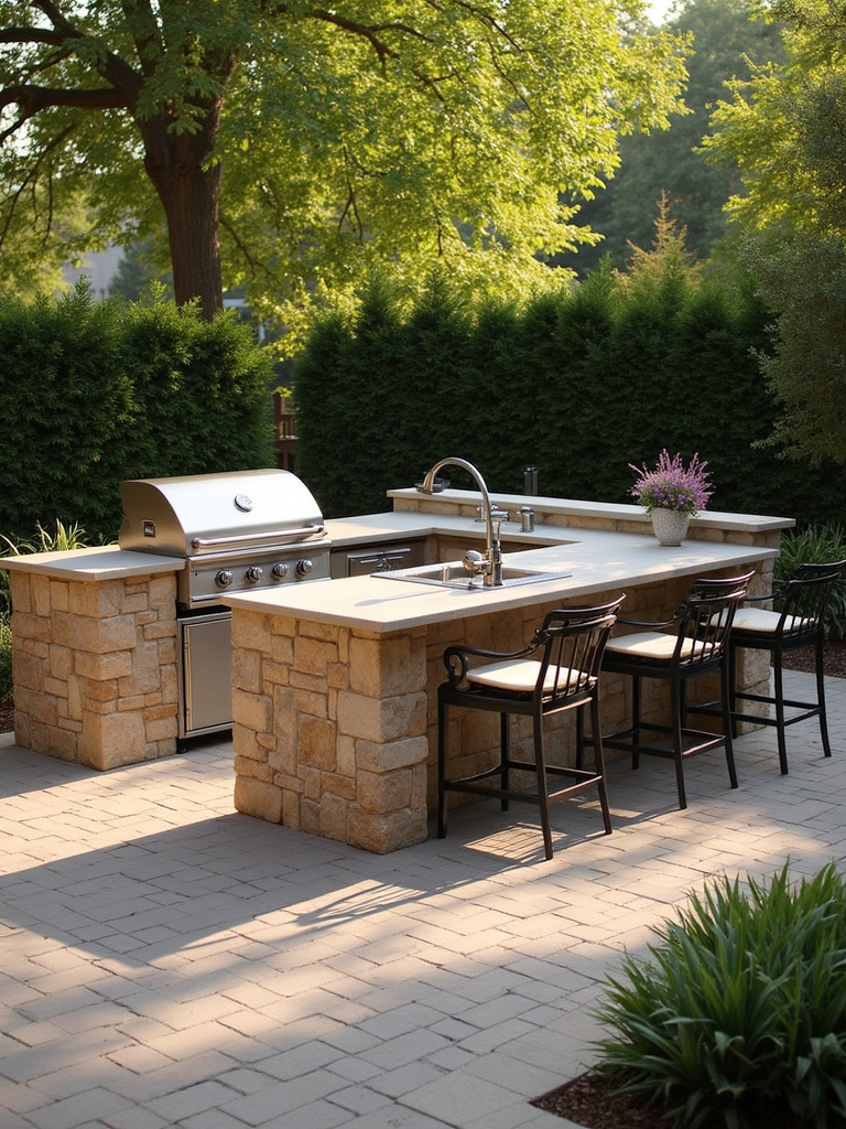 Patio with a built-in outdoor kitchen island featuring a grill, sink, bar stools, and warm afternoon sunlight.
