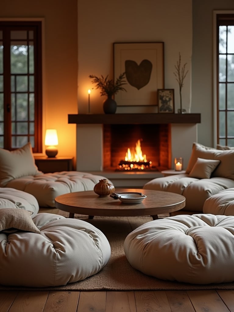 Oversized floor cushions arranged for casual seating in a bohemian-style living room.
