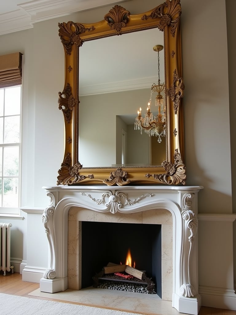 Oversized ornate gold framed mirror above a fireplace mantel in a luxury living room.