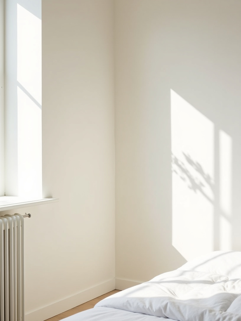 A minimalist bedroom with walls painted in a soft, warm white hue, emphasizing the serene atmosphere.