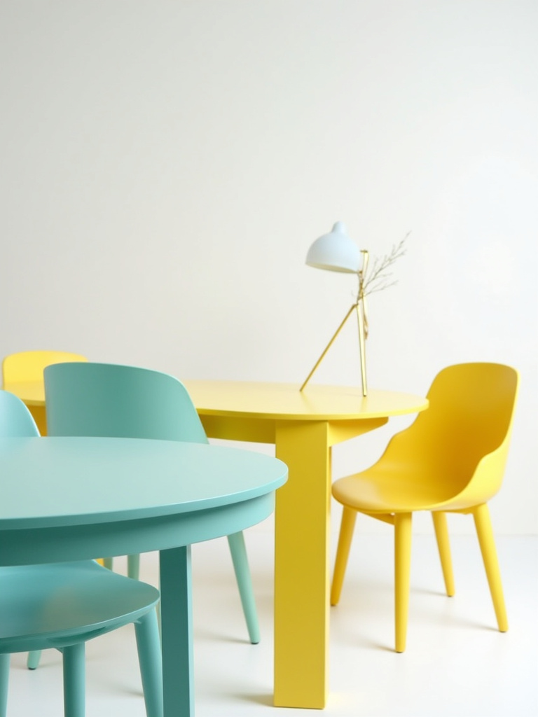 A brightly painted dining table in a vibrant teal color showcased in a white studio setting.
