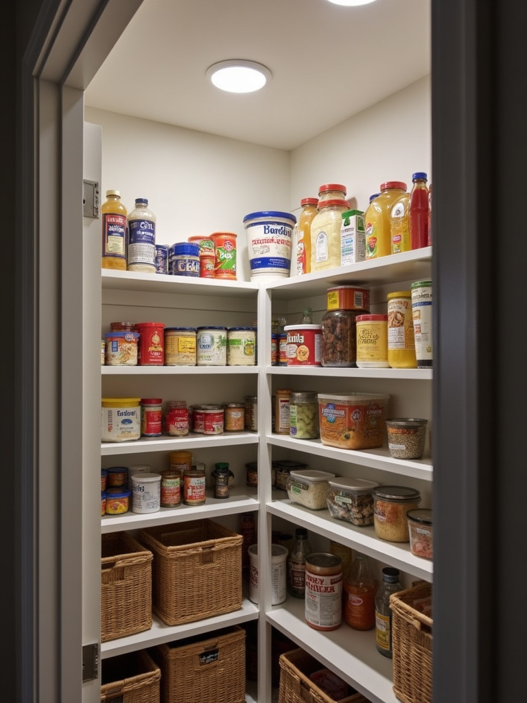 Motion-sensor LED puck lights illuminating the interior of a well-organized kitchen pantry.