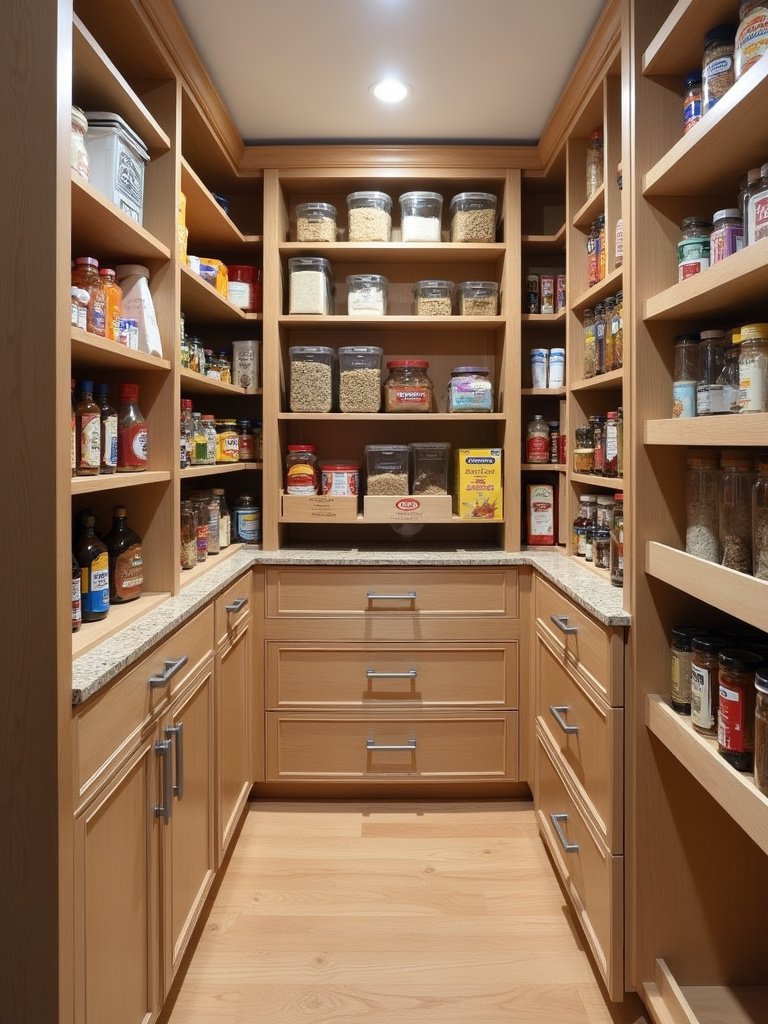 Well-organized walk-in pantry with adjustable shelves, pull-out drawers, and clear labeled containers for efficient food storage.
