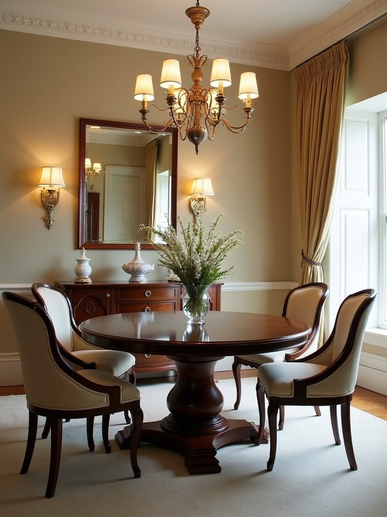 An elegant dining room featuring a round pedestal base table with classic upholstered chairs and a chandelier under soft warm lighting.