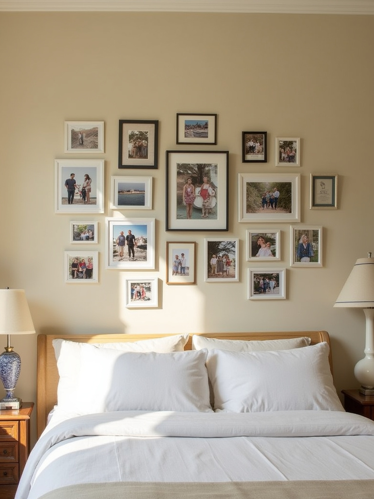 A bedroom wall featuring a photo wall with framed personal photographs, creating a warm and inviting atmosphere.