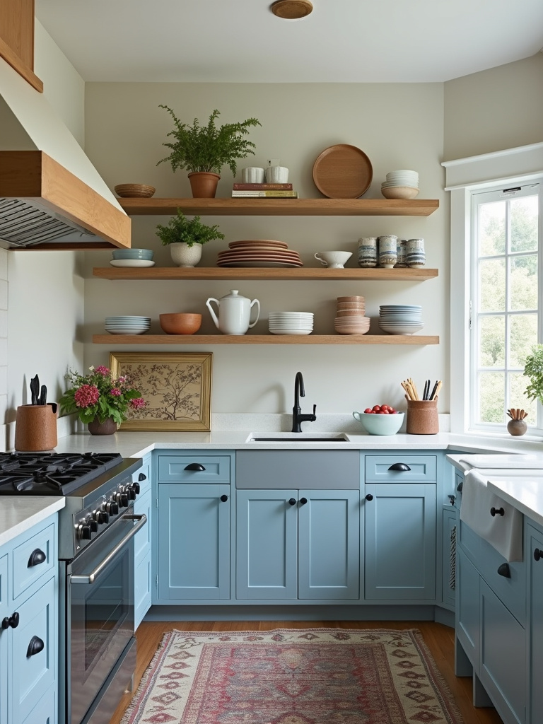 Personalized traditional kitchen with custom blue cabinets, open shelving, and unique decorative elements.