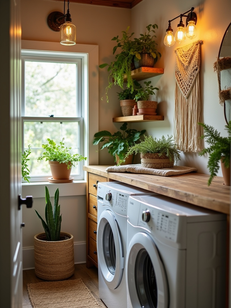 Bohemian style laundry bathroom personalized with plants and décor.
