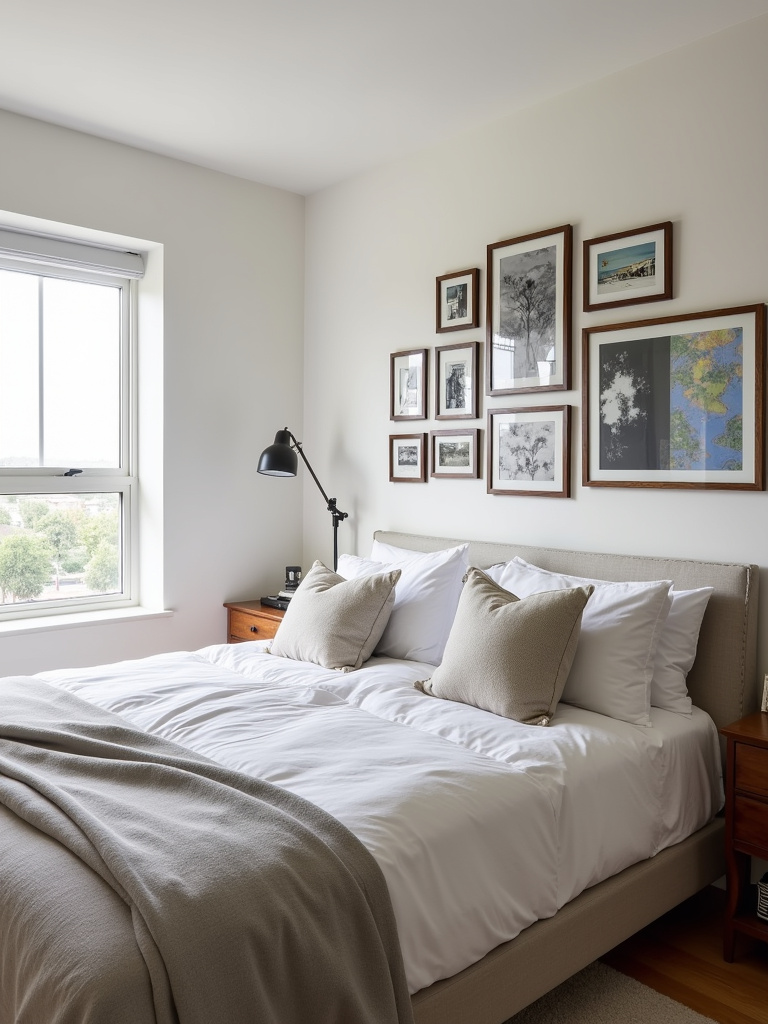 A contemporary bedroom with a personal touch, featuring a gallery wall above the bed showcasing shared photos and abstract artwork, illuminated by natural daylight.