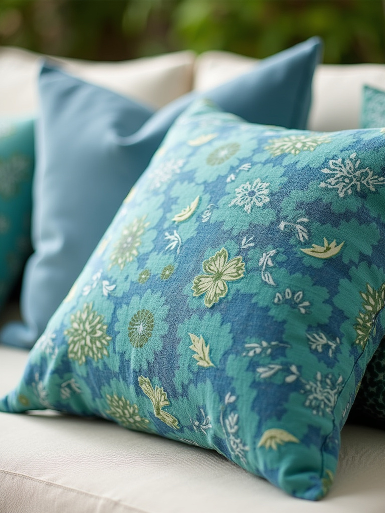 A close-up of weatherproof throw pillows in various colors and patterns arranged on a cream-colored outdoor sofa, adding comfort and style.