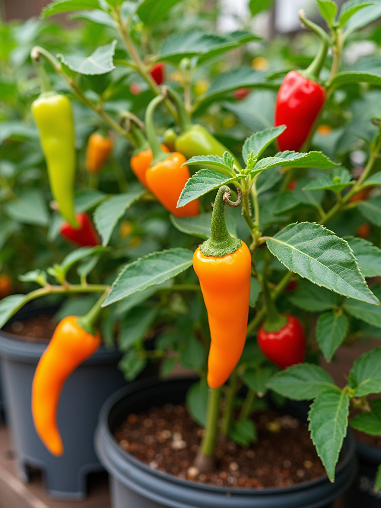 Collection of container-grown pepper plants displaying variety in color, size, and type, from small chili peppers to large bell peppers.