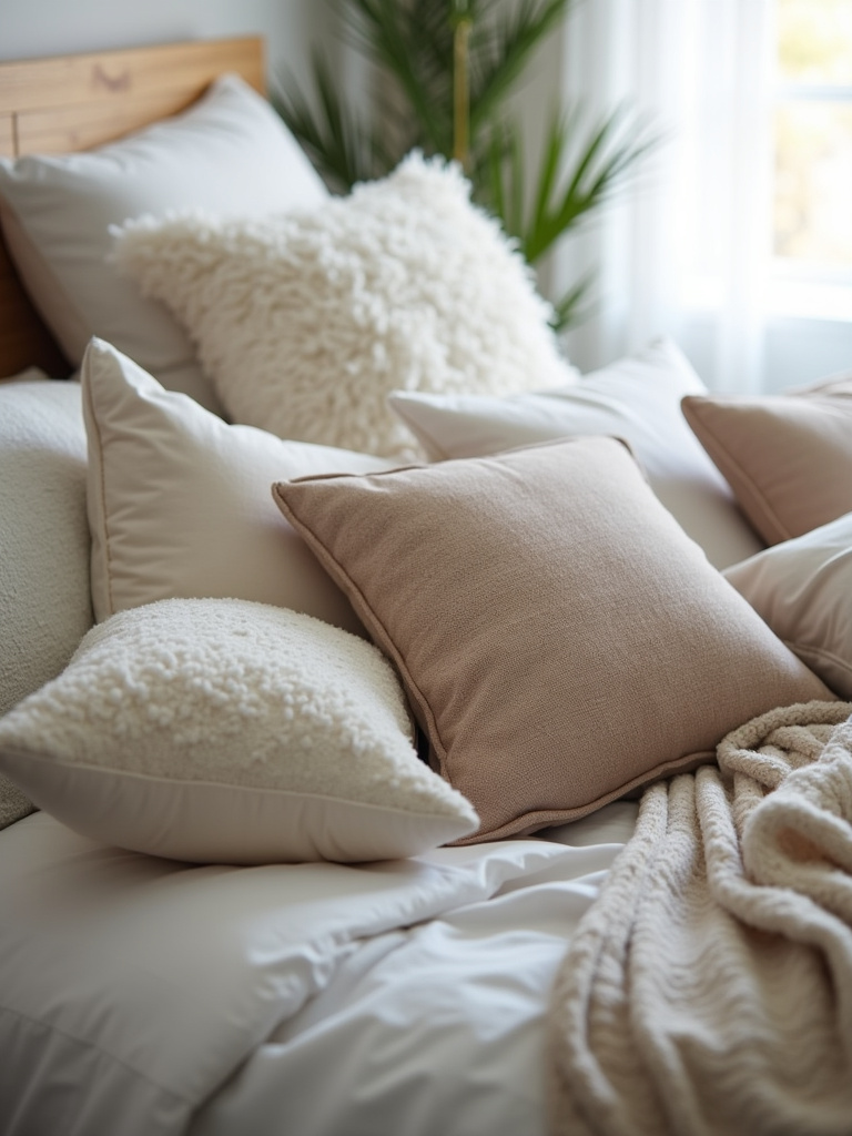 An inviting bedroom featuring a bed piled high with soft and textured pillows.