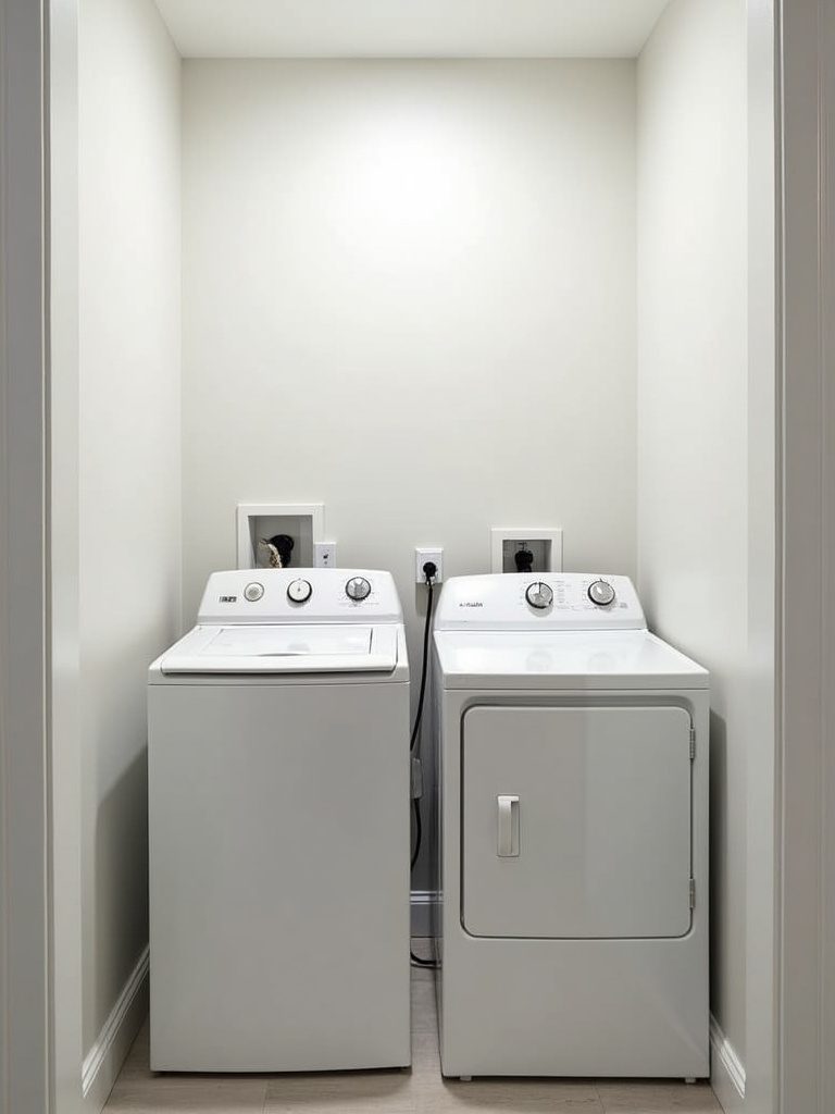 Modern minimalist laundry bathroom with strategically planned plumbing and electrical access.