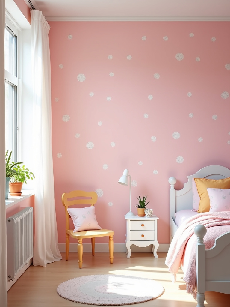 Cheerful bedroom with pastel pink polka dot wallpaper, white furniture, and bright natural light.