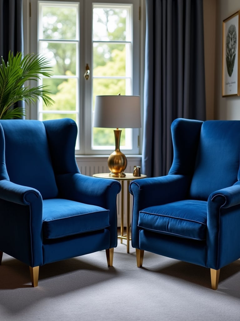 Two sapphire blue velvet club armchairs in a luxury living room corner with a gold side table.