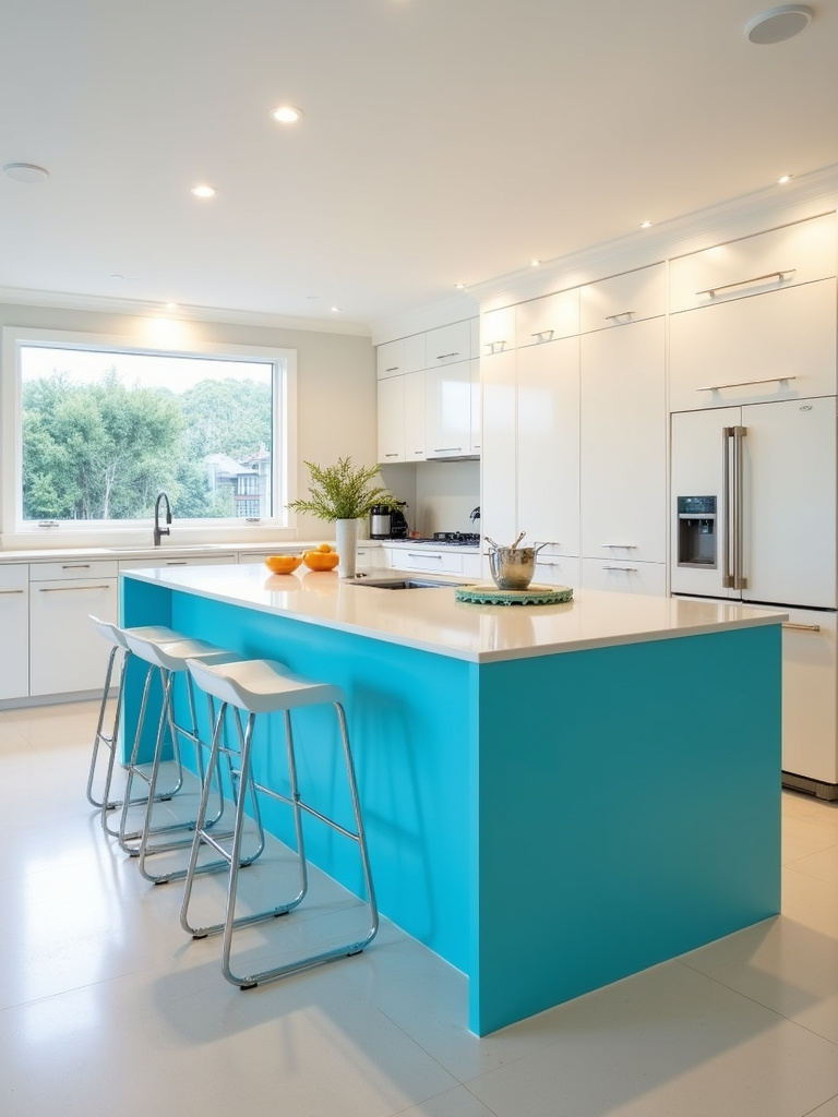 Modern kitchen with white cabinets and a vibrant turquoise blue kitchen island as a bold pop of color.