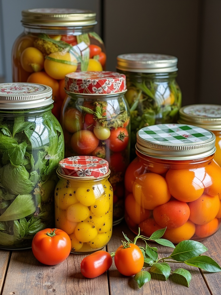 Display of various preserved foods from a container garden, including dried herbs, frozen vegetables, and pickled produce.