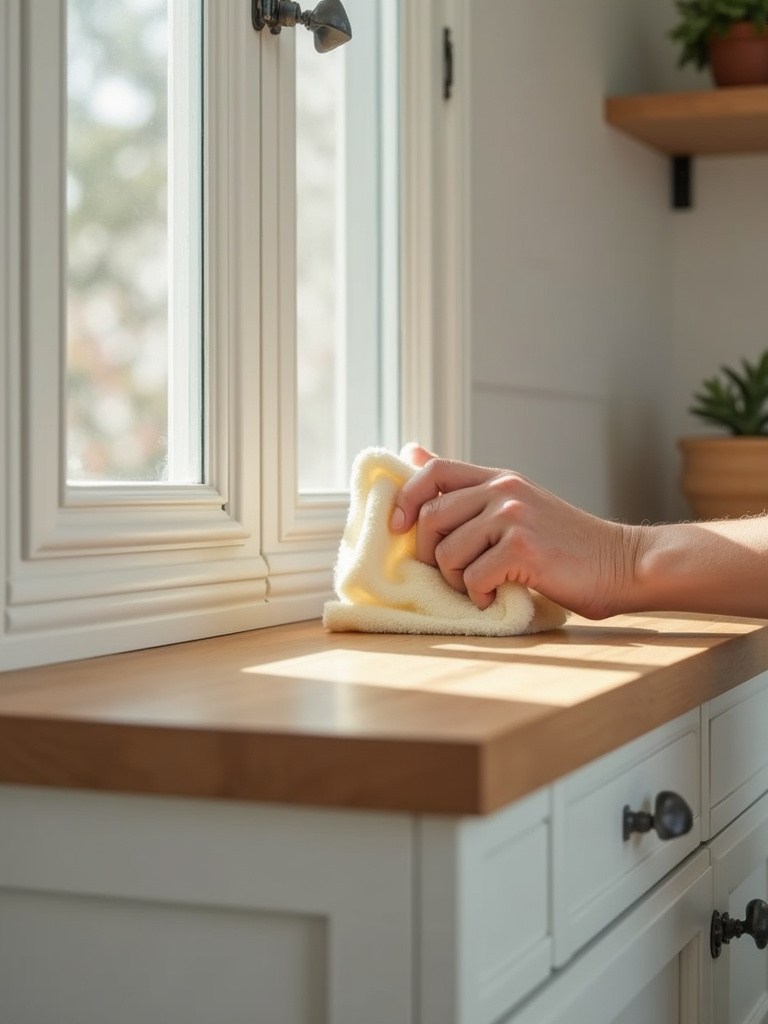 Person gently cleaning the surface of traditional kitchen cabinets with a soft cloth for maintenance.