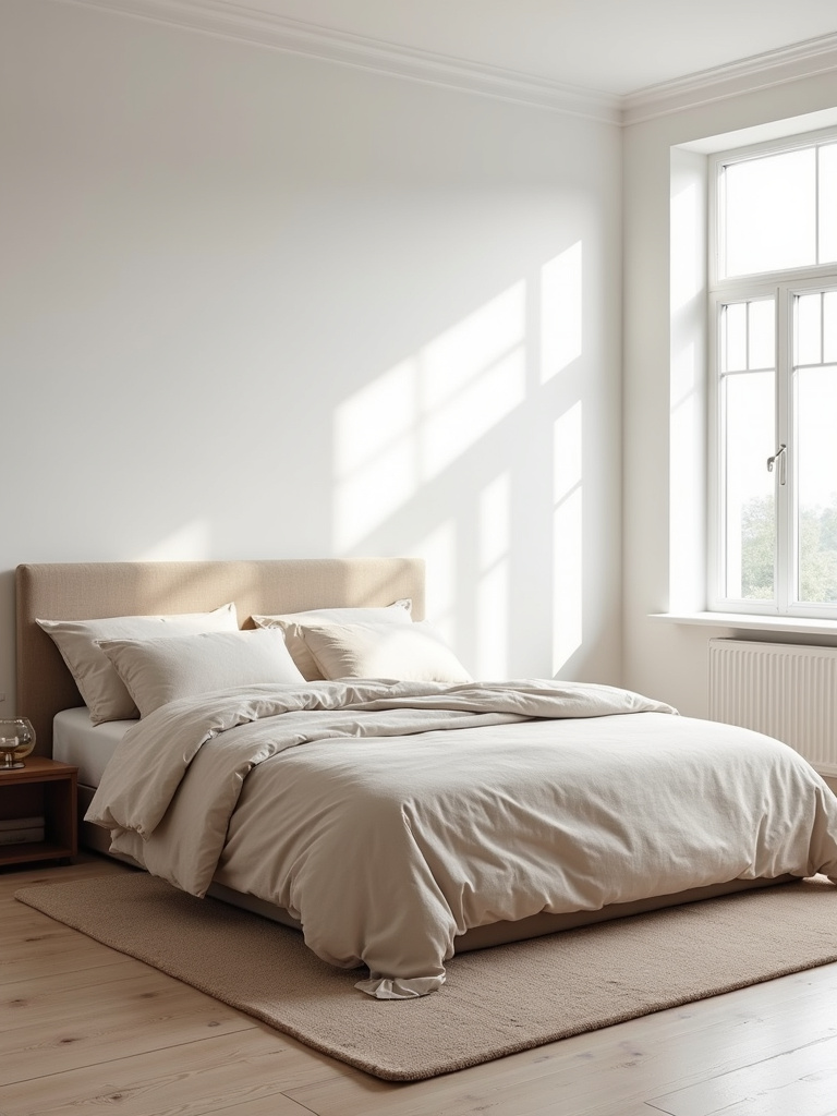 A bright and airy Scandinavian-style bedroom featuring a king-size bed with neutral linen bedding as the central element, illuminated by soft morning light from large windows.
