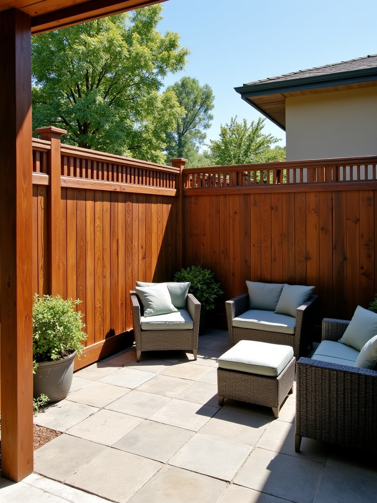 Private patio enclosed by stylish wooden privacy screens, concrete pavers, comfortable furniture, and bright sunny daylight.