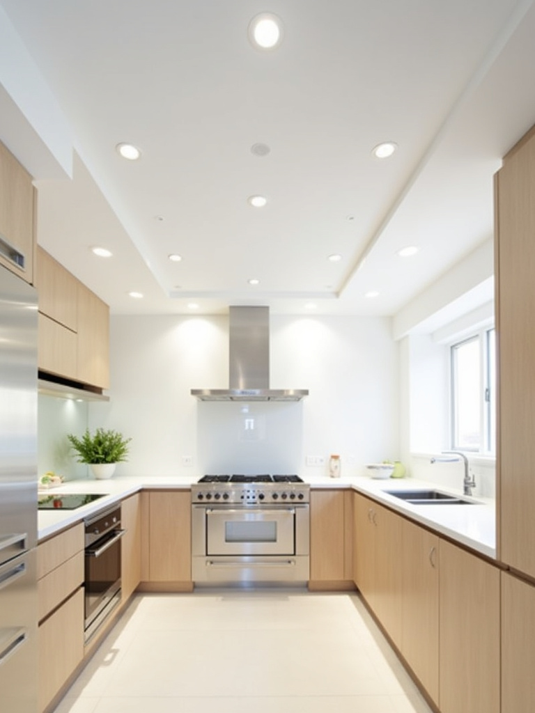 Evenly spaced recessed lights providing ambient lighting in a bright, modern kitchen.