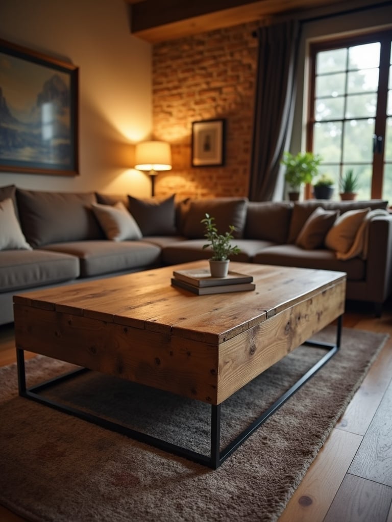 Reclaimed wood coffee table grounding the space in a cozy industrial chic living room.