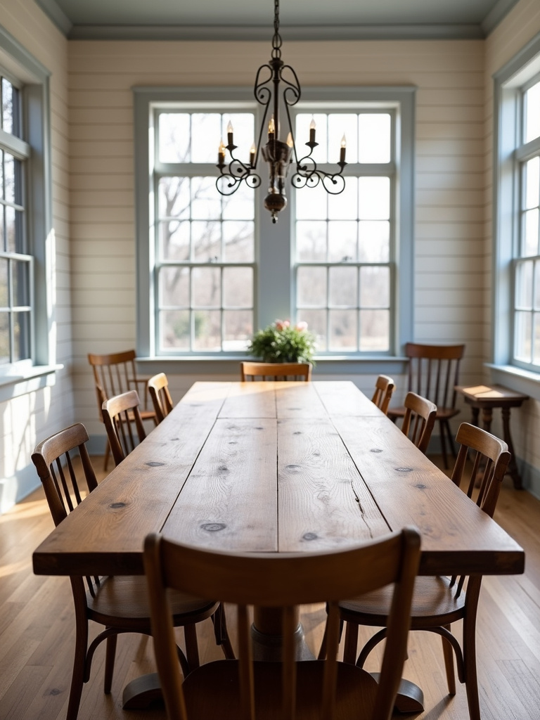 Farmhouse dining room featuring a large reclaimed wood dining table as the centerpiece.