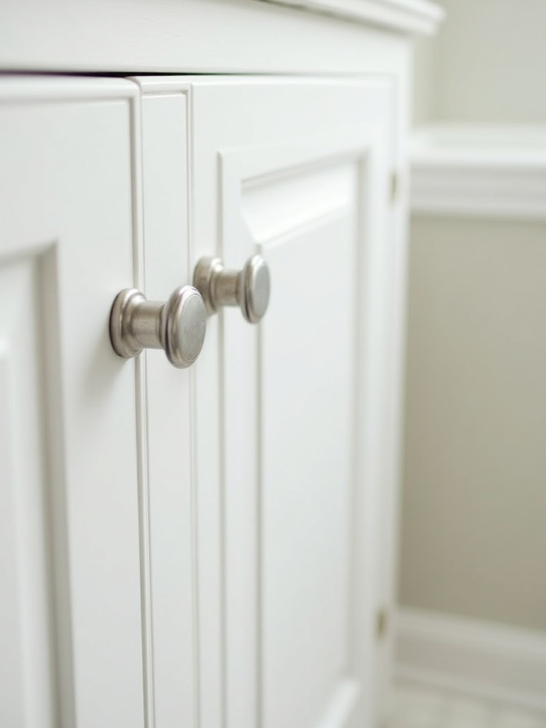 Repainted white bathroom vanity cabinets, showcasing a budget-friendly cabinet refinishing makeover.