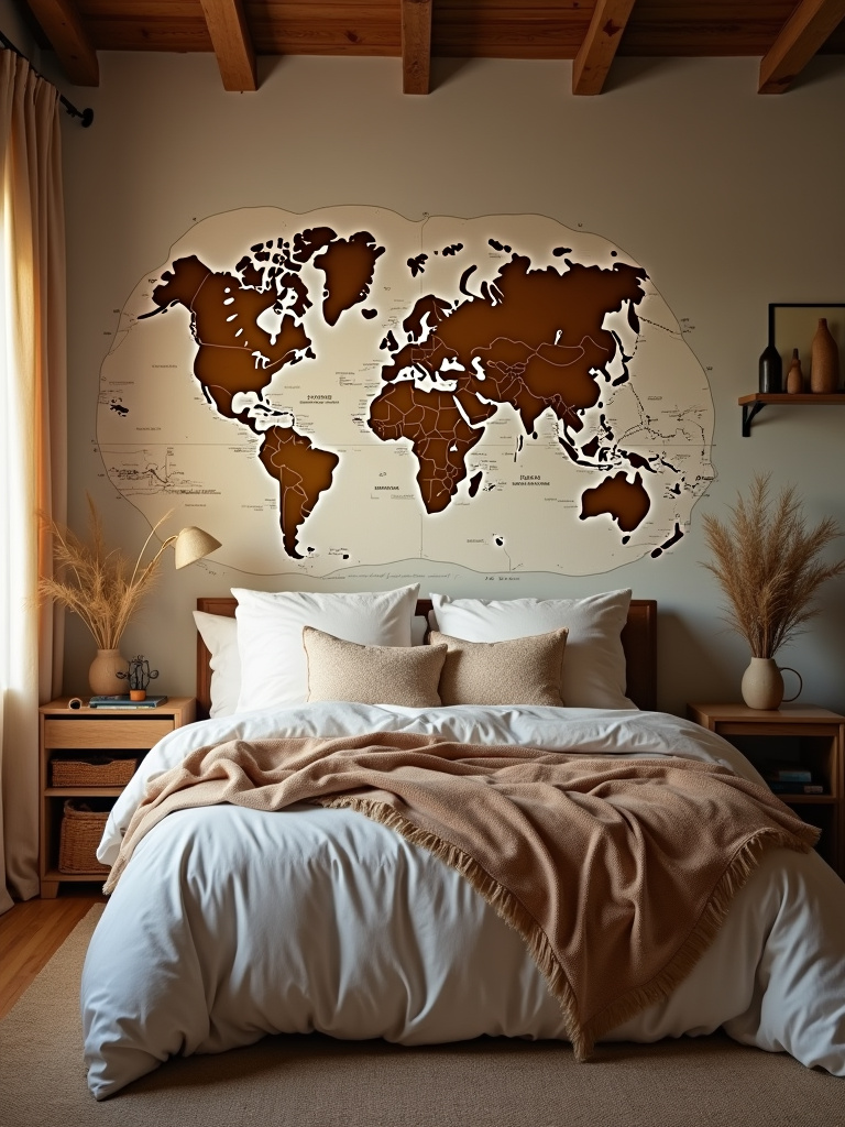 A globally inspired bedroom reflecting a shared love for travel, featuring a world map, travel souvenirs, earthy tones, and woven textiles, creating a comfortable and inviting space.