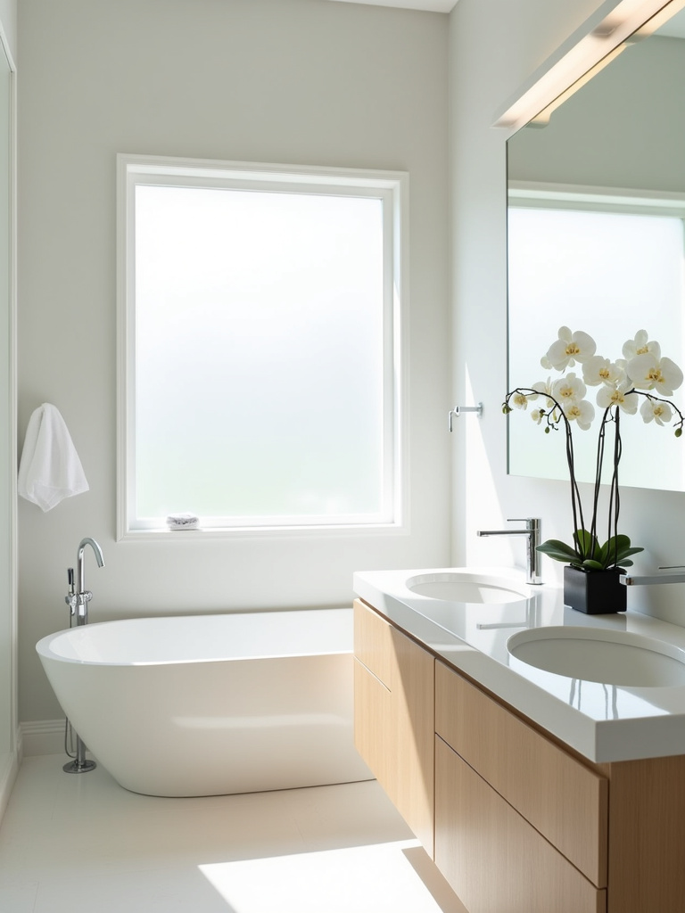 Bright and airy spa bathroom with soft white and grey walls, natural light, and minimalist decor.